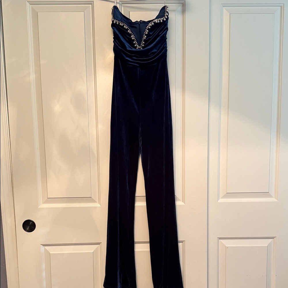 Lulu's Midnight Blue Velour Strapless Embellished Jumpsuit